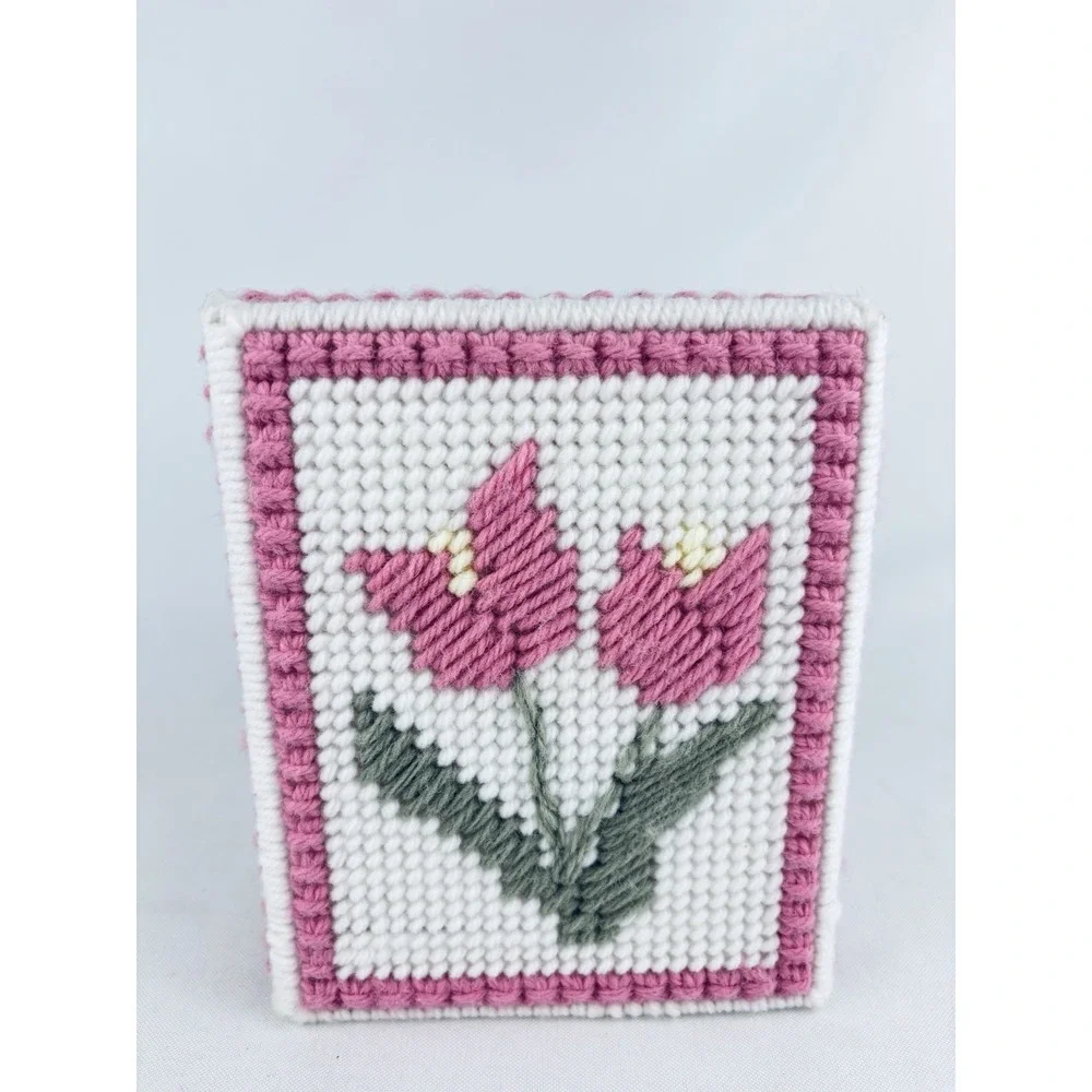 Vintage Knitted Stitched Crochet Pink Floral Tissue Box Cover Handmade Tulip